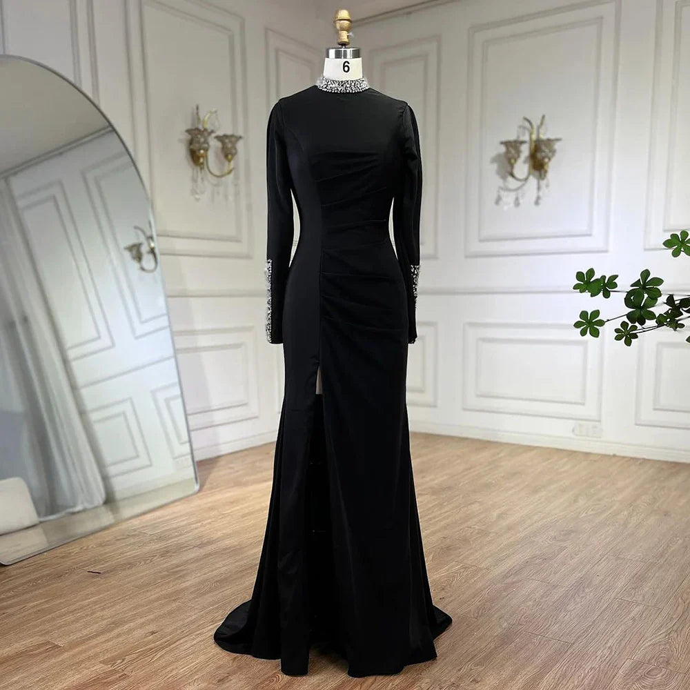 Luxury Black Satin Long Sleeves Mermaid Evening Dress LA72476