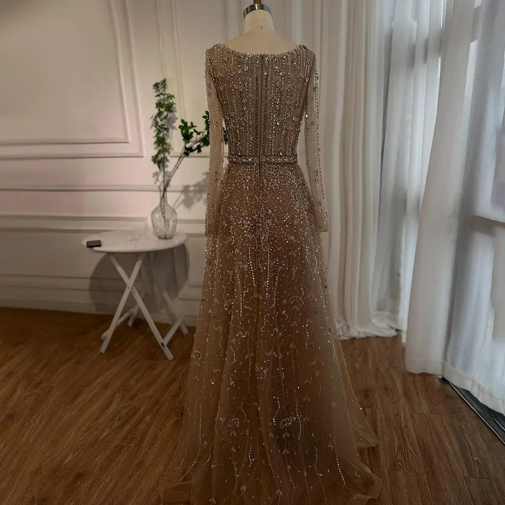 Dubai Designer Luxury Nude A-Line Beaded Evening Dress LA72088