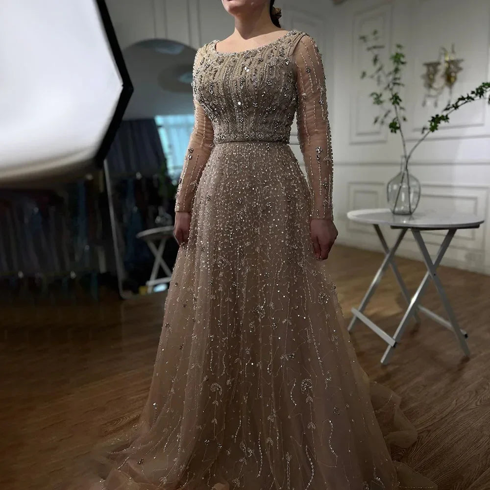 Dubai Designer Luxury Nude A-Line Beaded Evening Dress LA72088