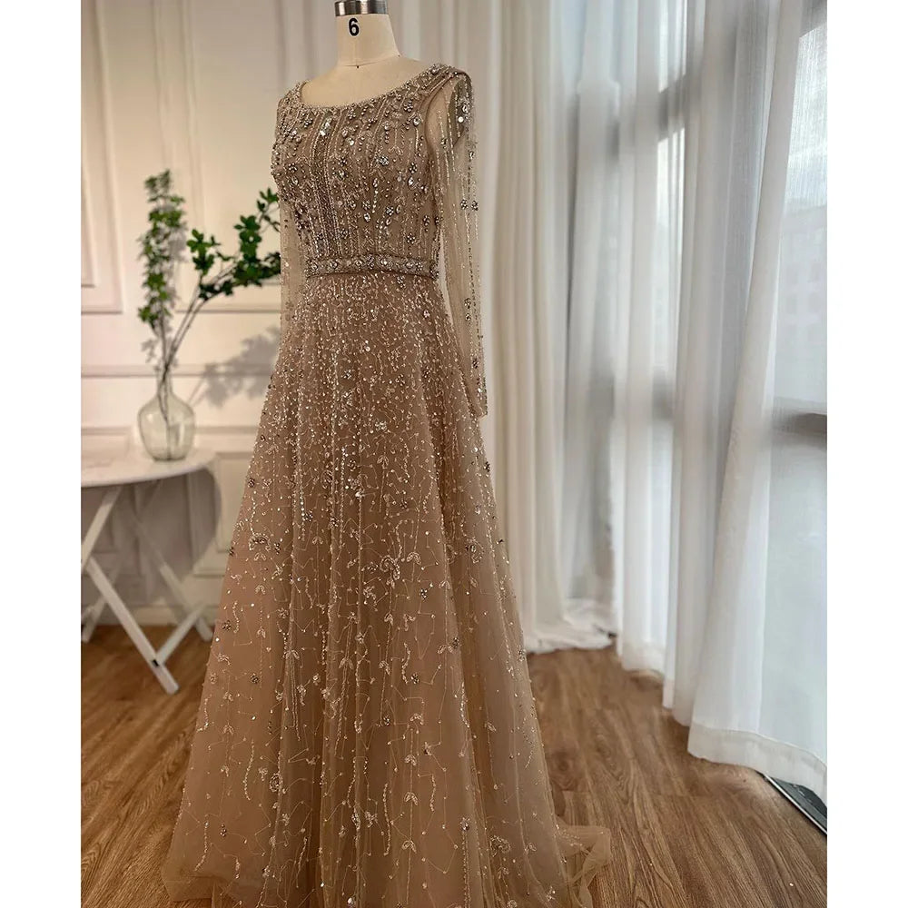 Dubai Designer Luxury Nude A-Line Beaded Evening Dress LA72088