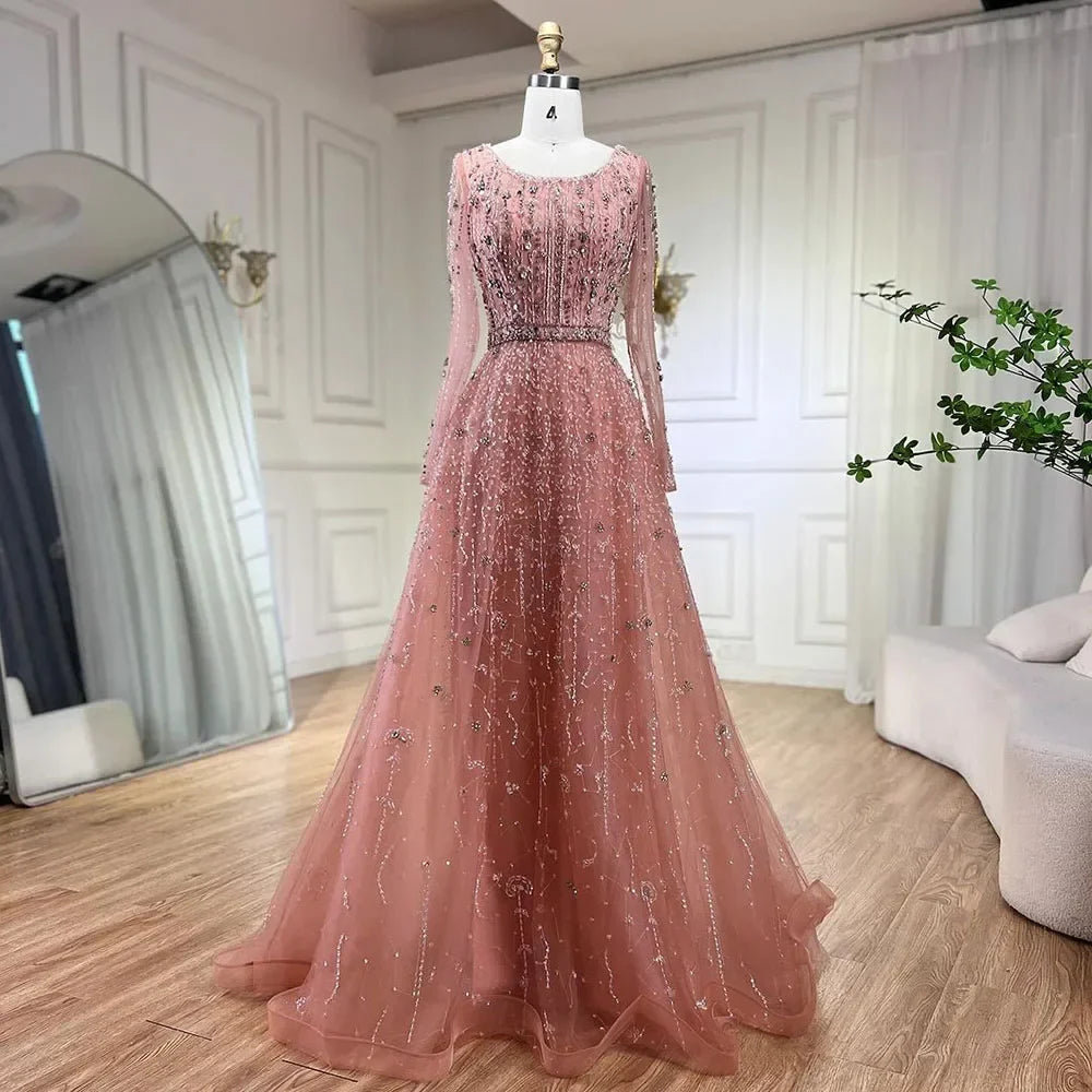 Dubai Designer Luxury Nude A-Line Beaded Evening Dress LA72088