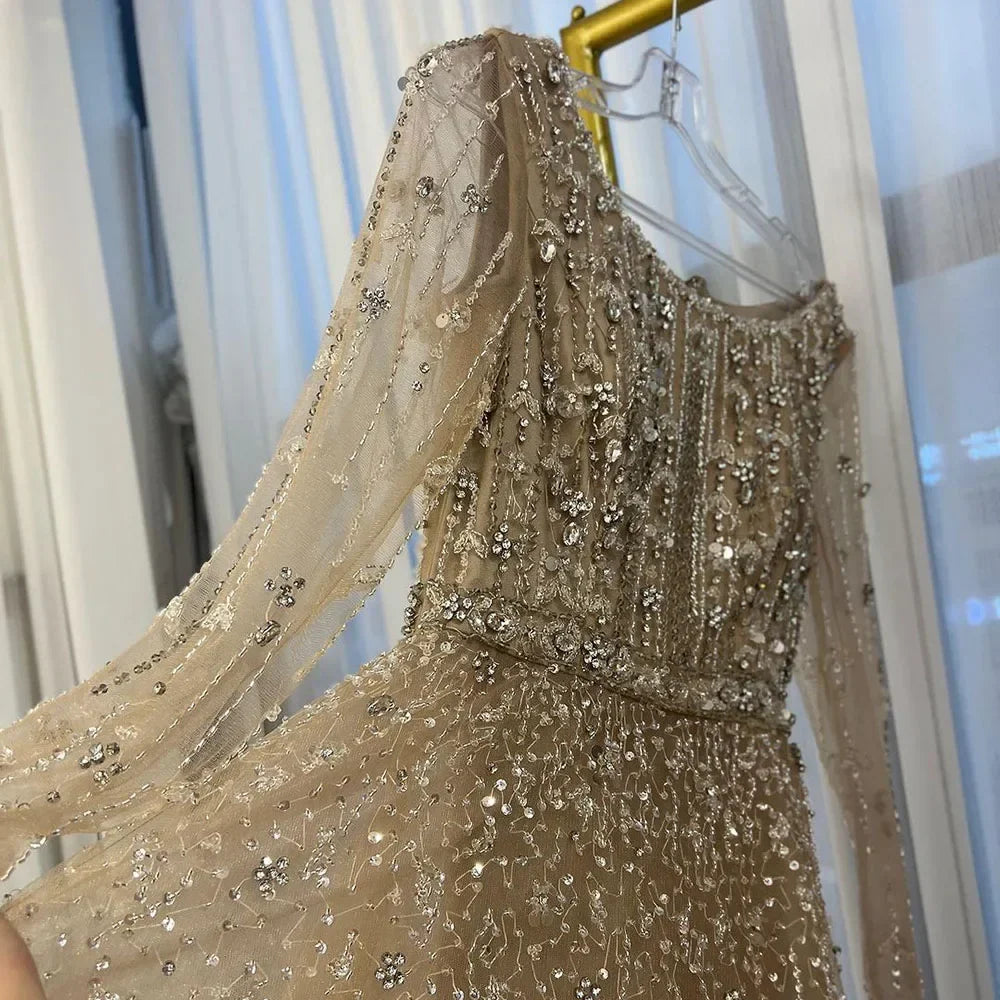 Dubai Designer Luxury Nude A-Line Beaded Evening Dress LA72088
