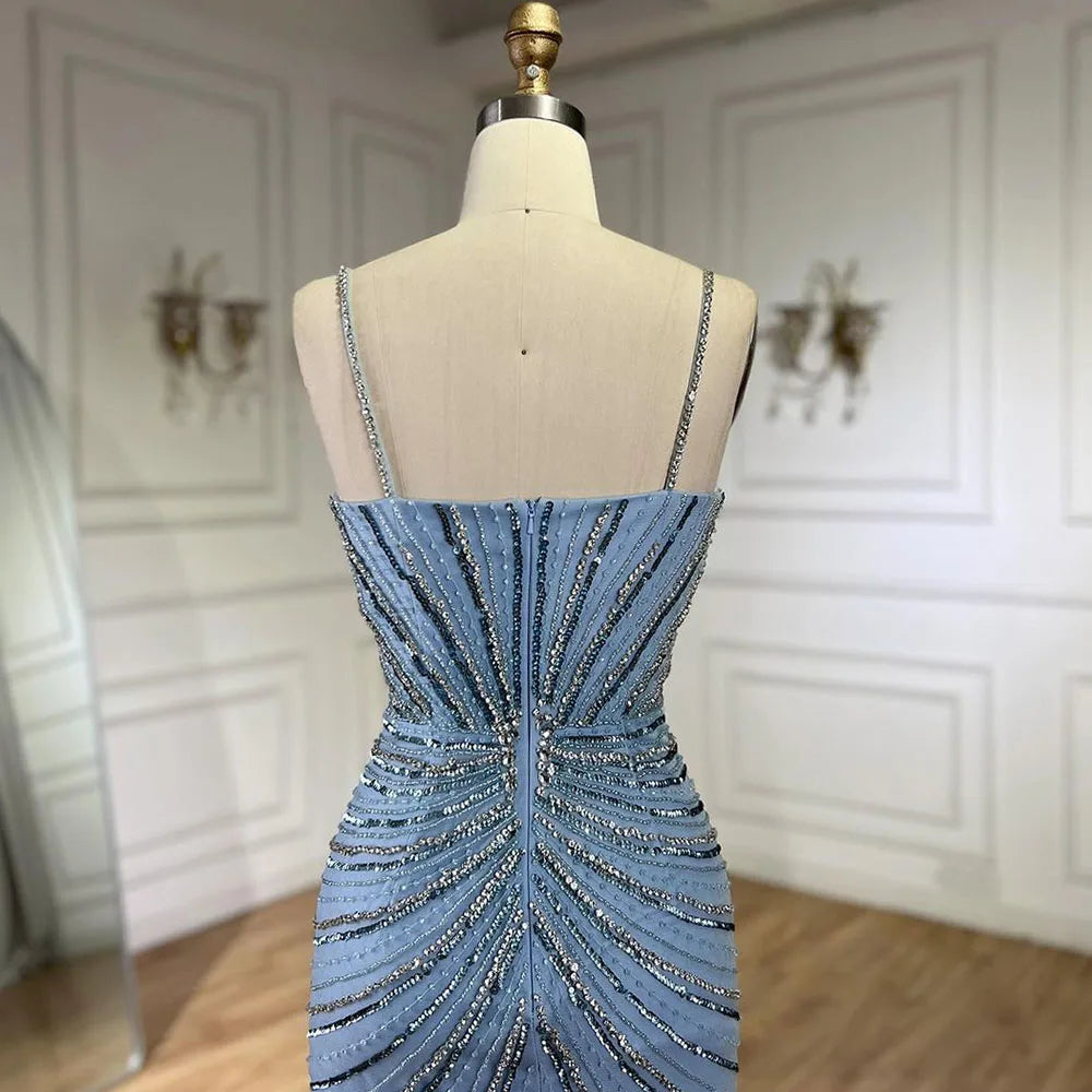 Serene Hill Dubai Blue Spaghetti Strap Mermaid Split Beaded Luxury Evening Dresses Gowns for Women Wedding Party 2025 LA72439