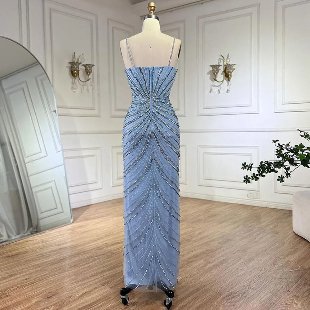 Serene Hill Dubai Blue Spaghetti Strap Mermaid Split Beaded Luxury Evening Dresses Gowns for Women Wedding Party 2025 LA72439