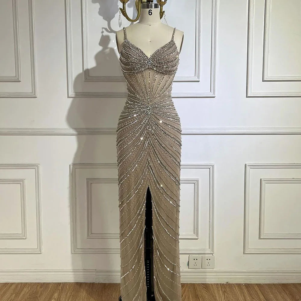 Serene Hill Dubai Blue Spaghetti Strap Mermaid Split Beaded Luxury Evening Dresses Gowns for Women Wedding Party 2025 LA72439