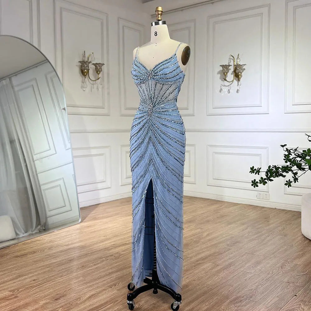 Serene Hill Dubai Blue Spaghetti Strap Mermaid Split Beaded Luxury Evening Dresses Gowns for Women Wedding Party 2025 LA72439