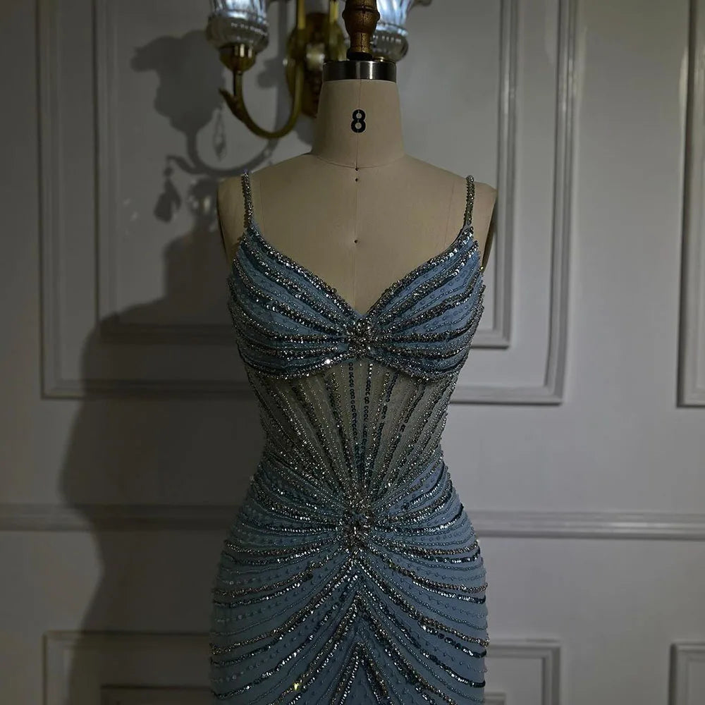 Serene Hill Dubai Blue Spaghetti Strap Mermaid Split Beaded Luxury Evening Dresses Gowns for Women Wedding Party 2025 LA72439