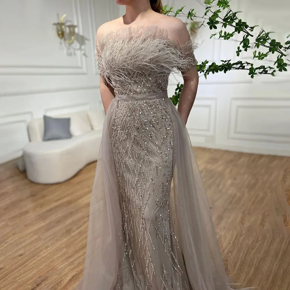 Dubai Luxury Beaded Blue Mermaid Evening Dress Gown with Overskirt LA71634