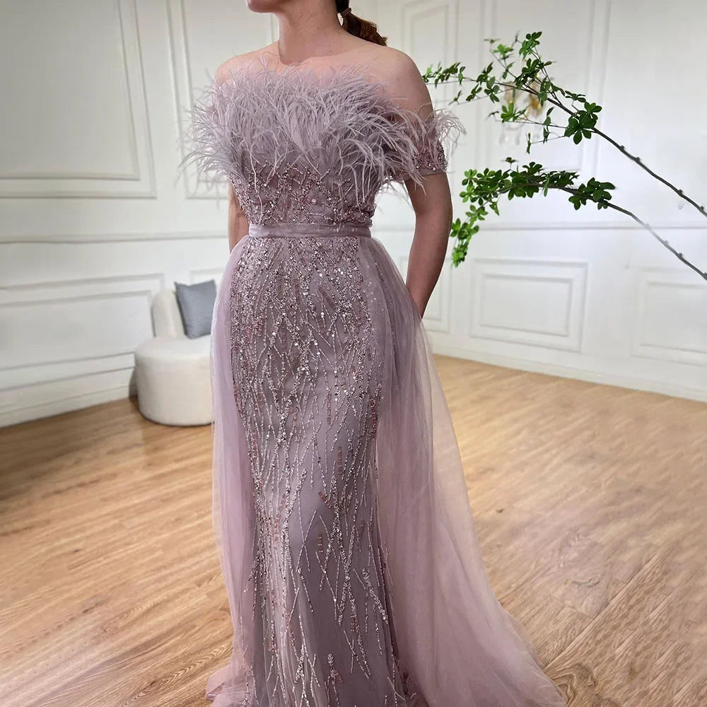 Dubai Luxury Beaded Blue Mermaid Evening Dress Gown with Overskirt LA71634