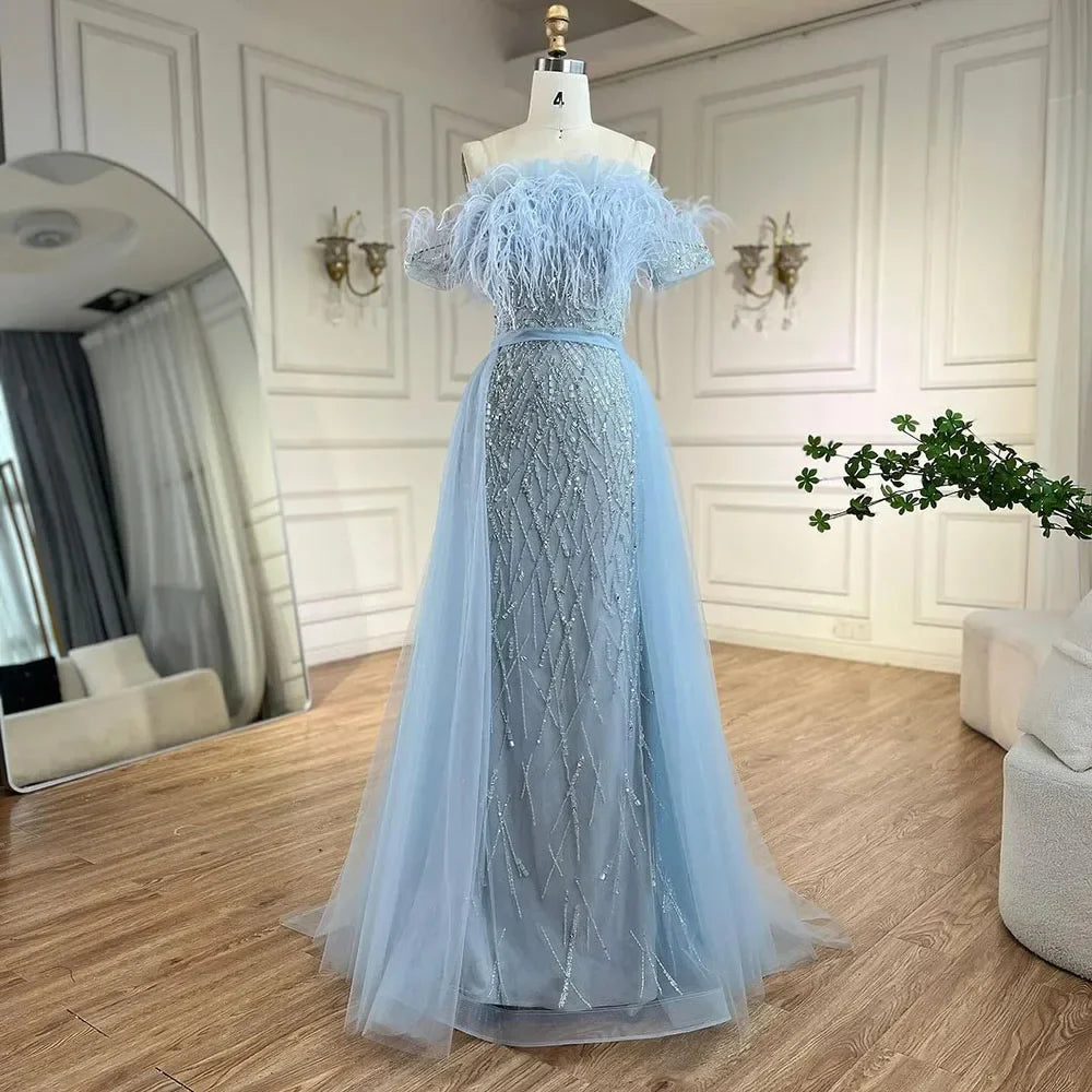Dubai Luxury Beaded Blue Mermaid Evening Dress Gown with Overskirt LA71634