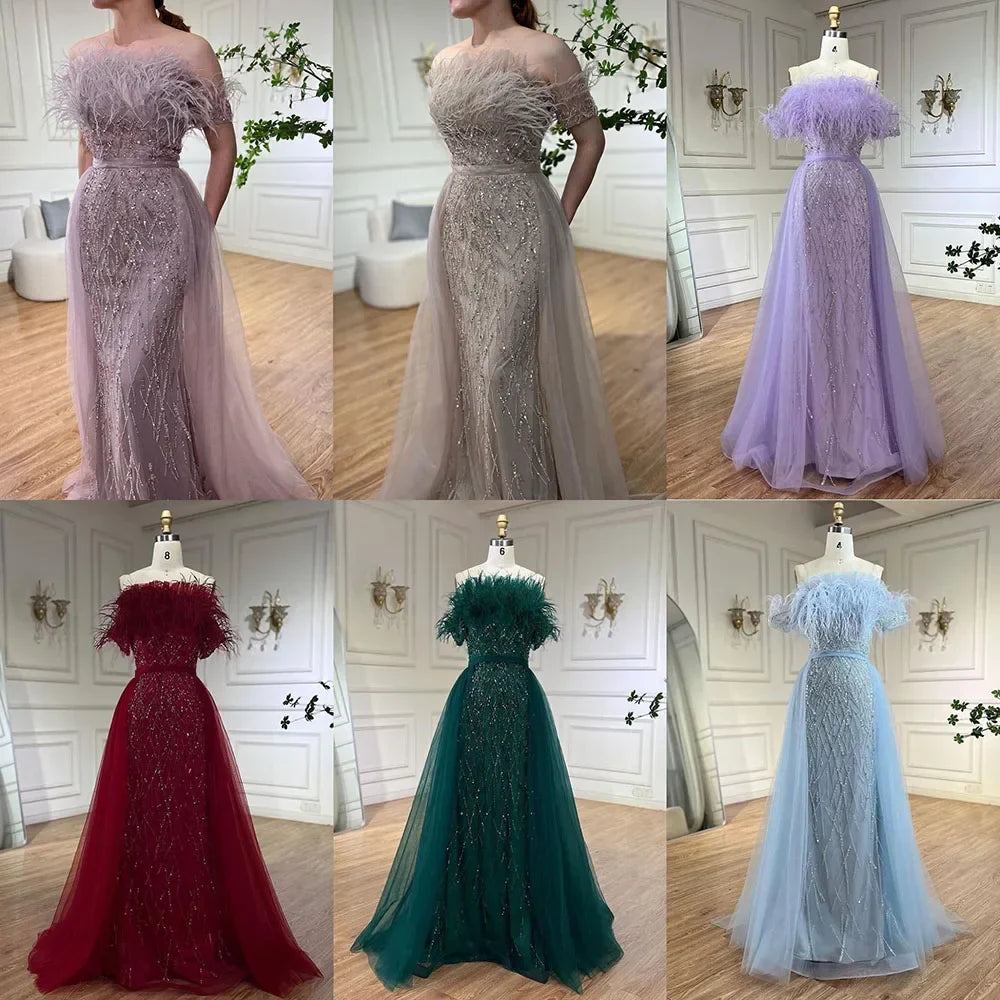 Dubai Luxury Beaded Blue Mermaid Evening Dress Gown with Overskirt LA71634