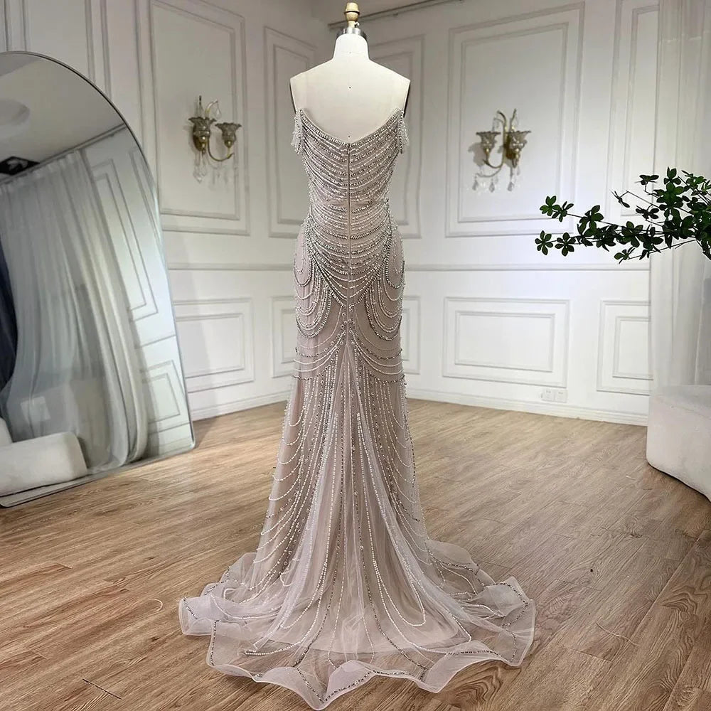Luxury Crystal Silver Gray Pearl Beaded Evening Dress LA72253