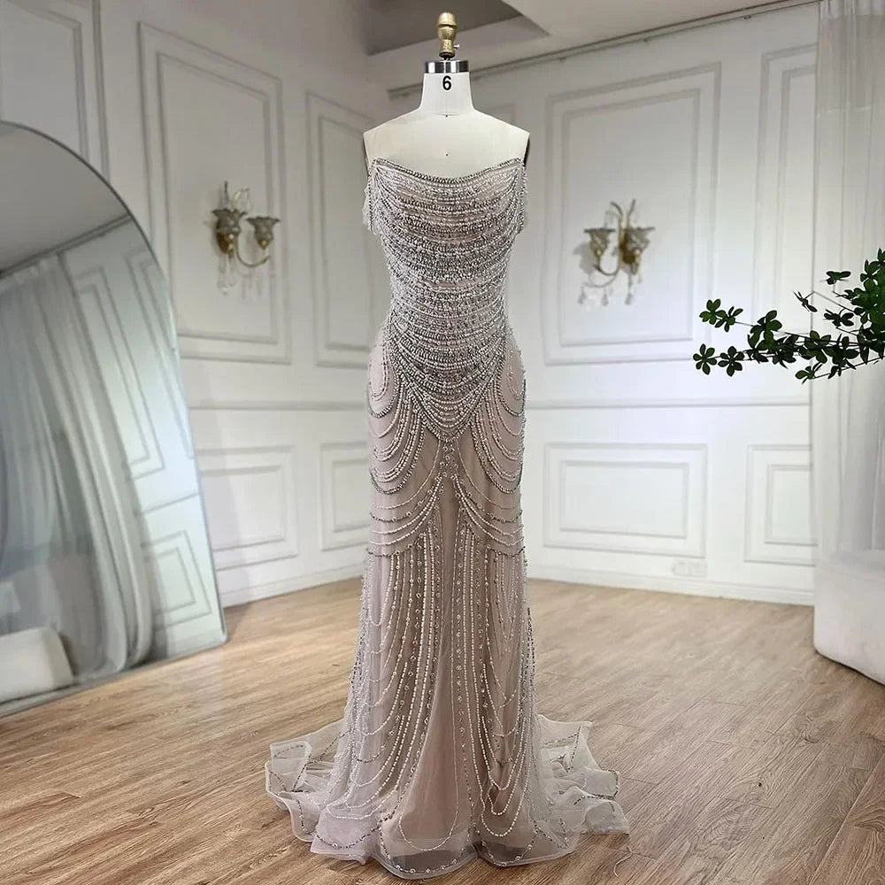 Luxury Crystal Silver Gray Pearl Beaded Evening Dress LA72253