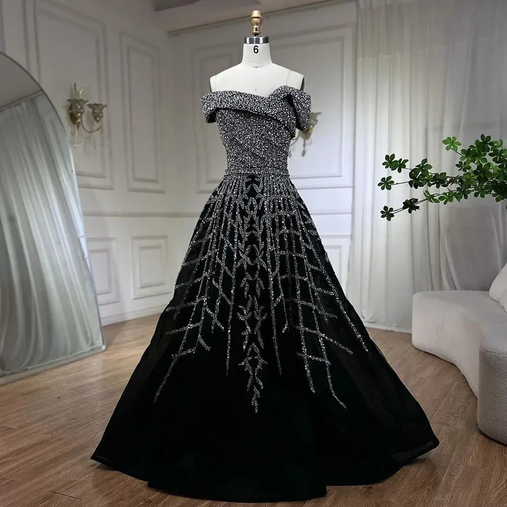 Serene Hill Elegant Black Beaded A-Line Evening Gown 2025 - Off-Shoulder Luxury Dress for Women - Long Party Dress LA72224