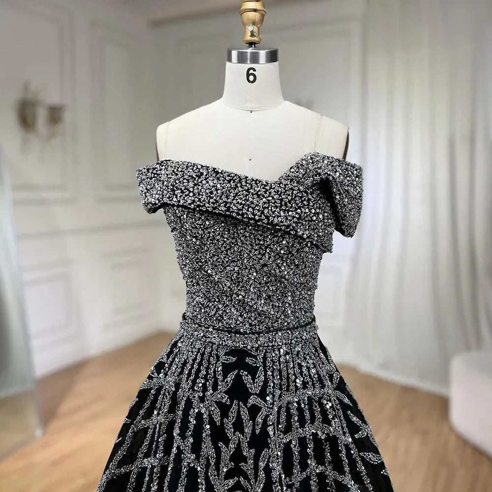 Serene Hill Elegant Black Beaded A-Line Evening Gown 2025 - Off-Shoulder Luxury Dress for Women - Long Party Dress LA72224