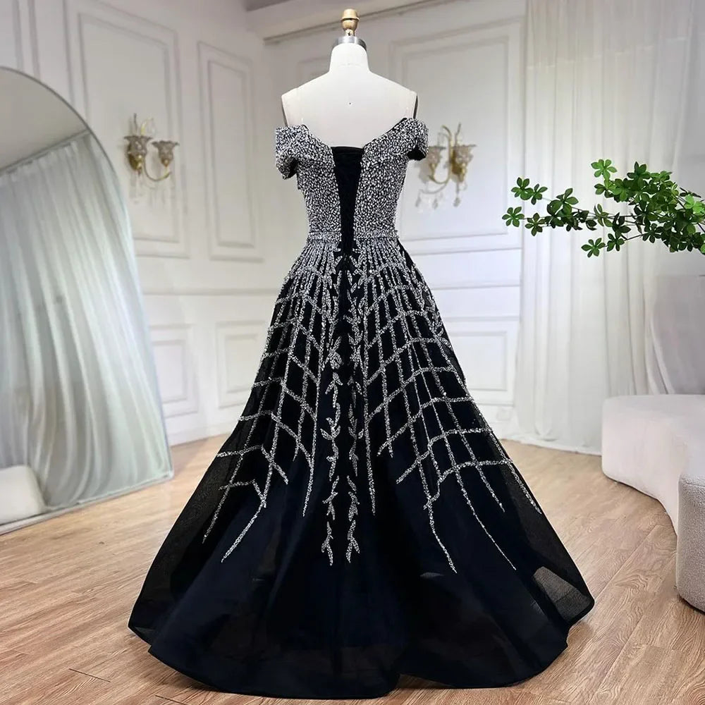Serene Hill Elegant Black Beaded A-Line Evening Gown 2025 - Off-Shoulder Luxury Dress for Women - Long Party Dress LA72224