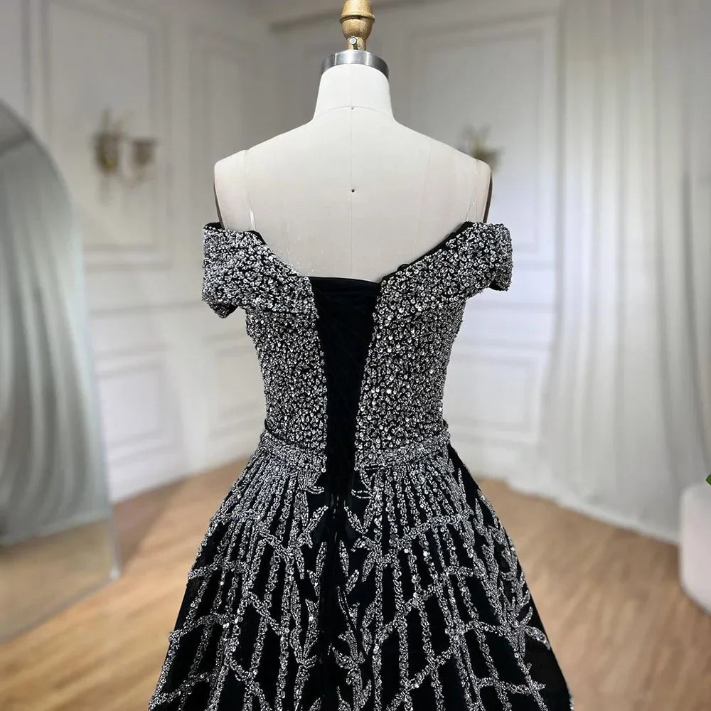 Serene Hill Elegant Black Beaded A-Line Evening Gown 2025 - Off-Shoulder Luxury Dress for Women - Long Party Dress LA72224