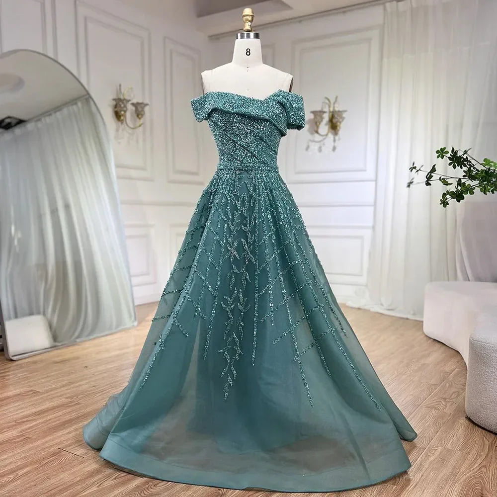 Serene Hill Elegant Black Beaded A-Line Evening Gown 2025 - Off-Shoulder Luxury Dress for Women - Long Party Dress LA72224