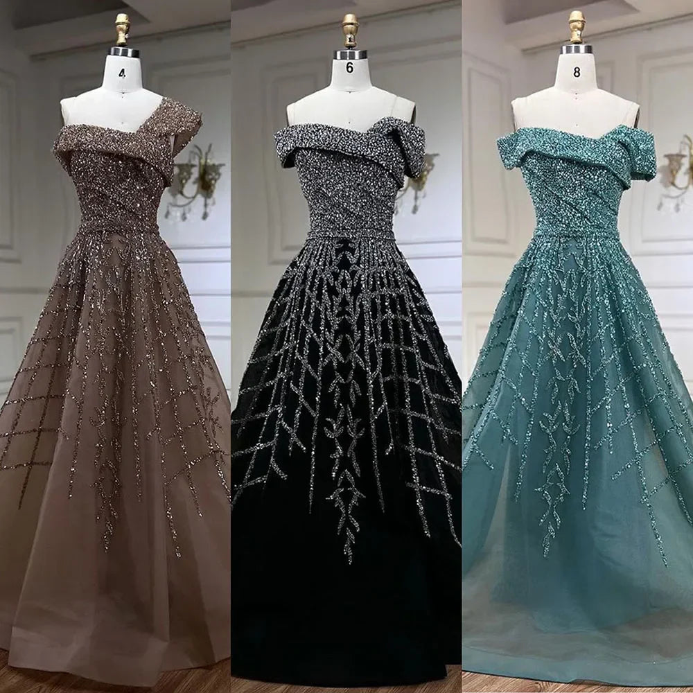 Serene Hill Elegant Black Beaded A-Line Evening Gown 2025 - Off-Shoulder Luxury Dress for Women - Long Party Dress LA72224
