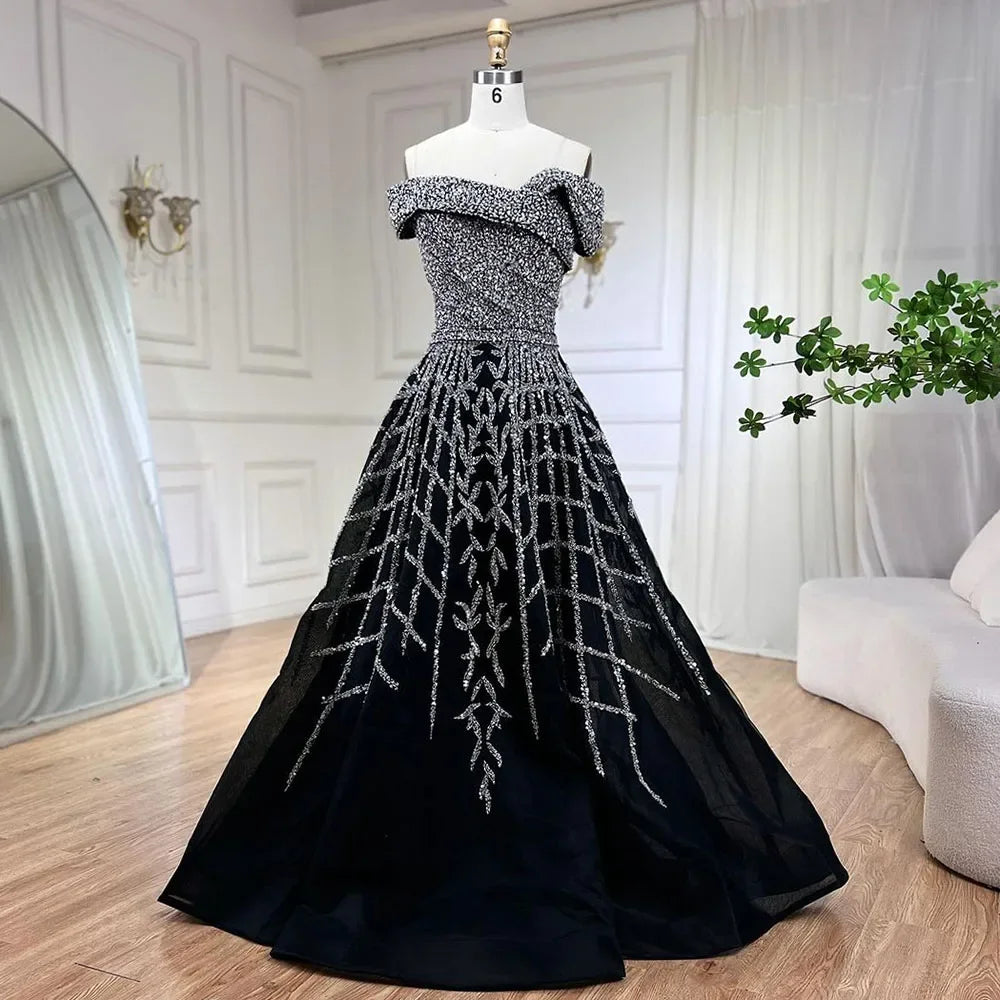 Serene Hill Elegant Black Beaded A-Line Evening Gown 2025 - Off-Shoulder Luxury Dress for Women - Long Party Dress LA72224