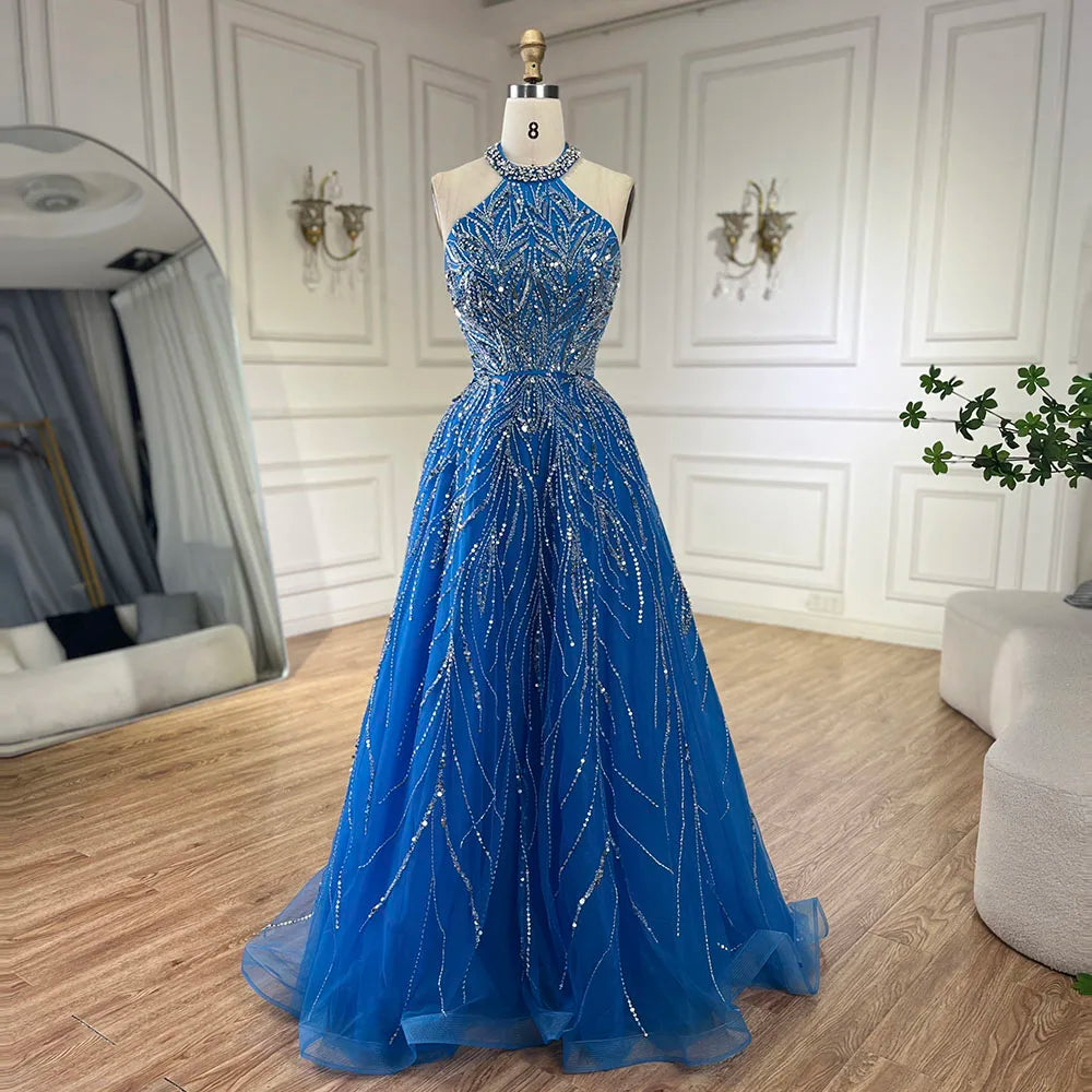 Serene Hill Elegant Blue Arabic A-line Halter Gown Luxury Dubai Evening Dress for Women Wedding Party 2025 LA72302