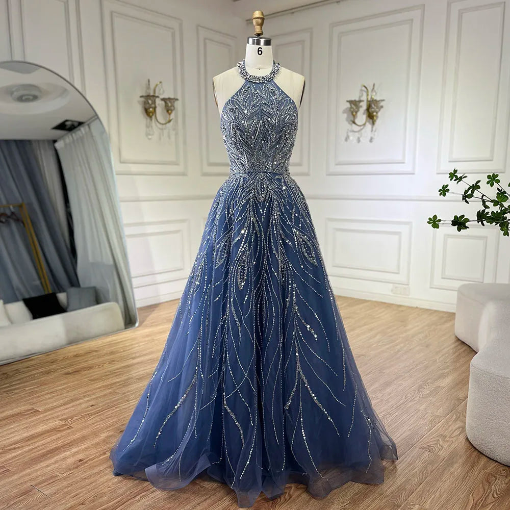 Serene Hill Elegant Blue Arabic A-line Halter Gown Luxury Dubai Evening Dress for Women Wedding Party 2025 LA72302