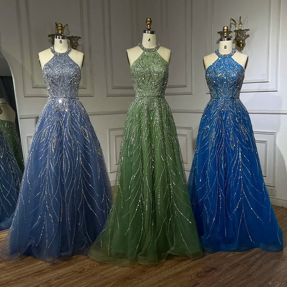 Serene Hill Elegant Blue Arabic A-line Halter Gown Luxury Dubai Evening Dress for Women Wedding Party 2025 LA72302