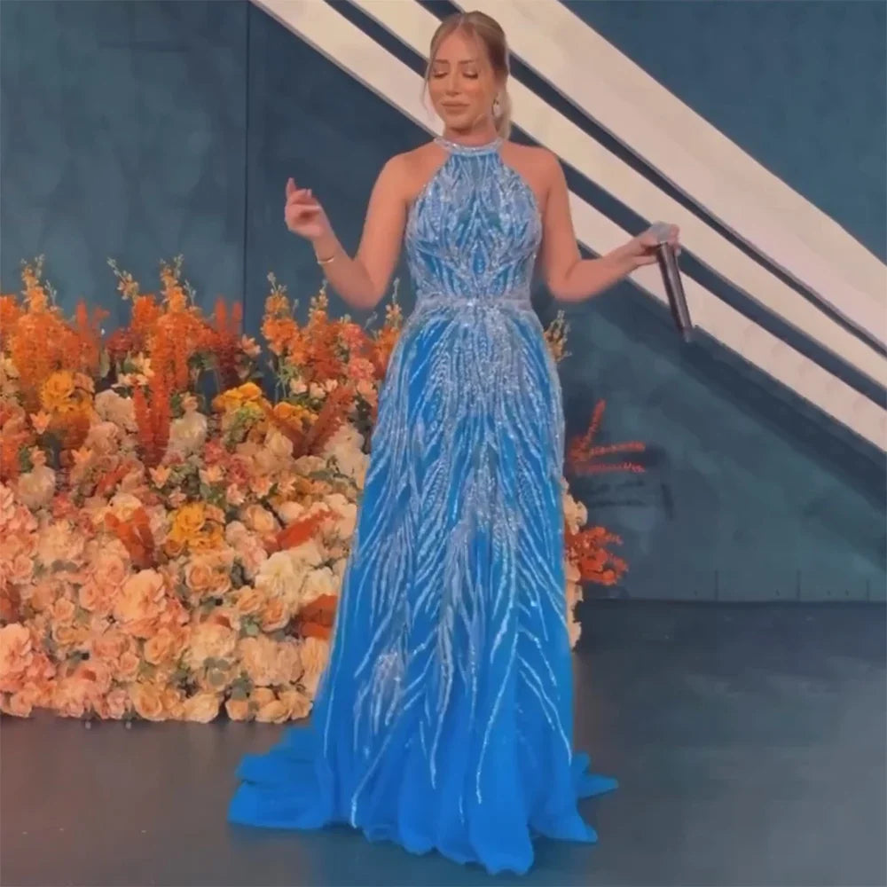 Serene Hill Elegant Blue Arabic A-line Halter Gown Luxury Dubai Evening Dress for Women Wedding Party 2025 LA72302