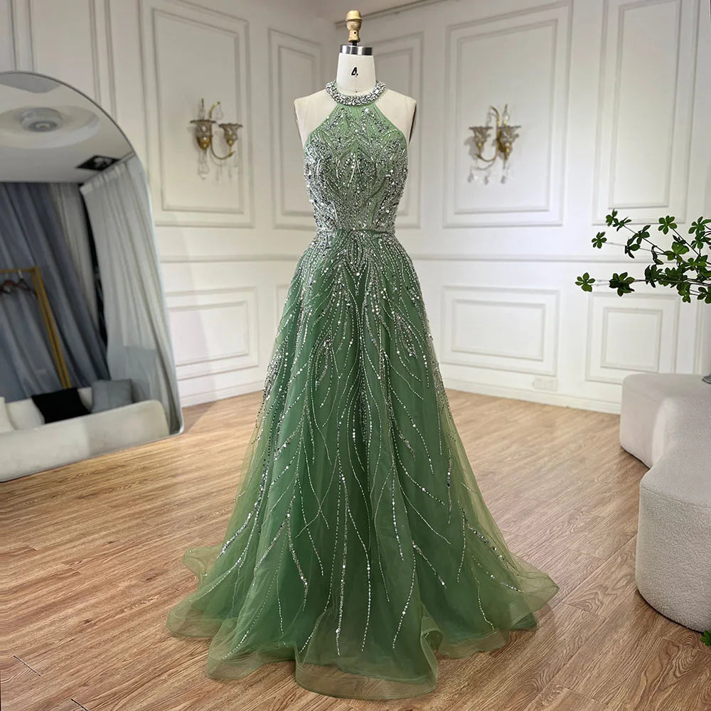 Serene Hill Elegant Blue Arabic A-line Halter Gown Luxury Dubai Evening Dress for Women Wedding Party 2025 LA72302