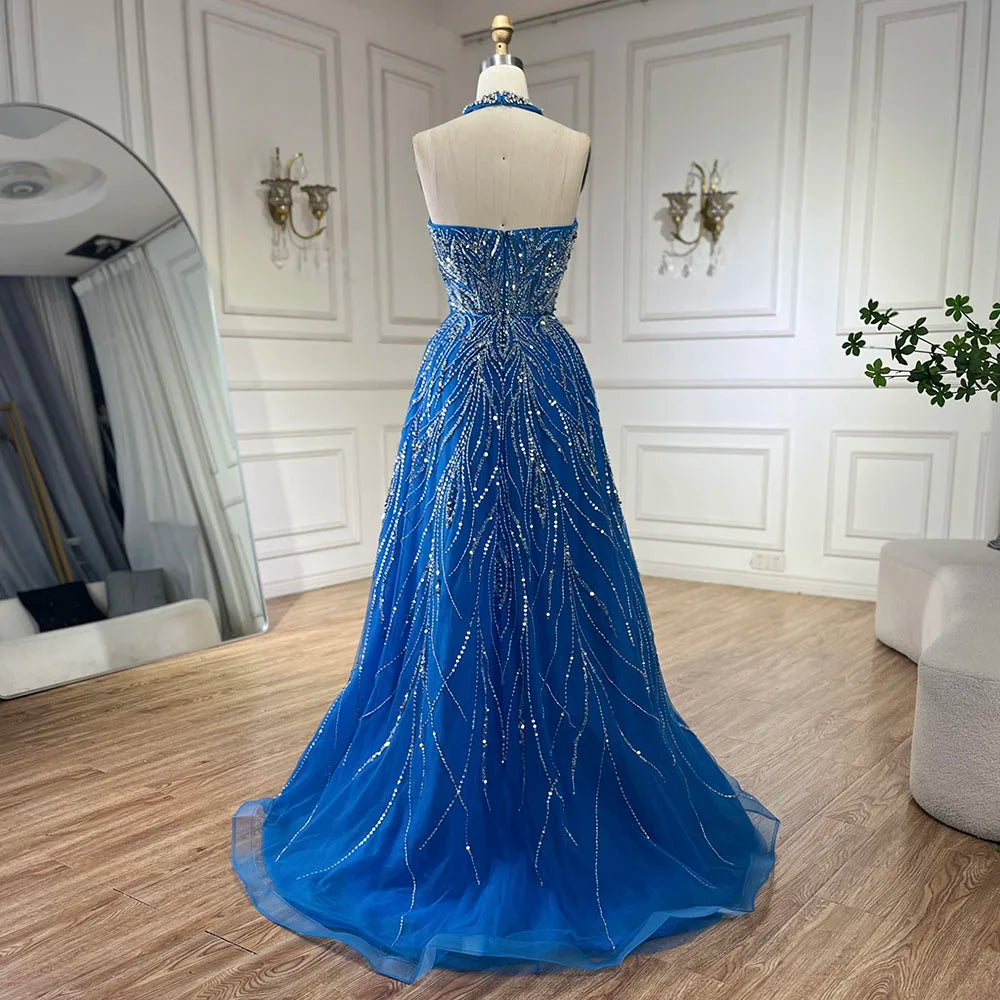 Serene Hill Elegant Blue Arabic A-line Halter Gown Luxury Dubai Evening Dress for Women Wedding Party 2025 LA72302