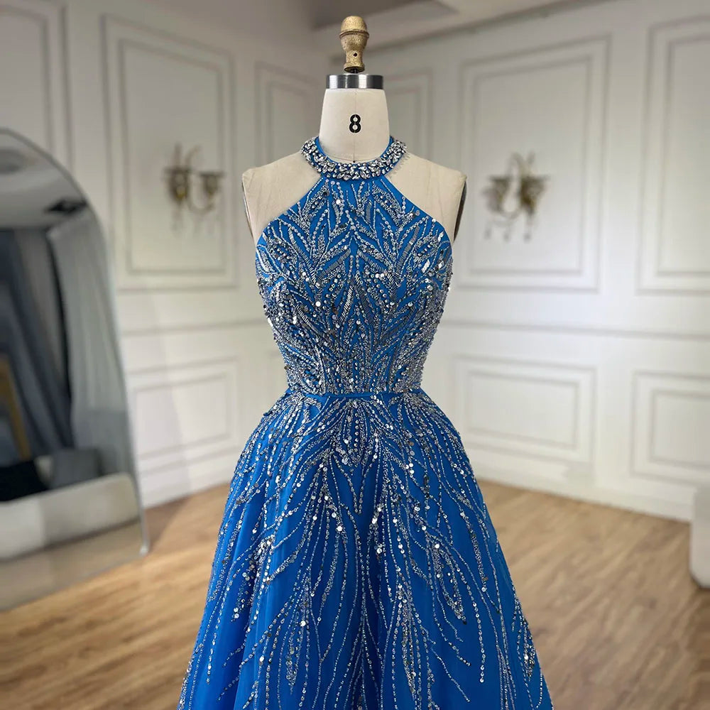 Serene Hill Elegant Blue Arabic A-line Halter Gown Luxury Dubai Evening Dress for Women Wedding Party 2025 LA72302