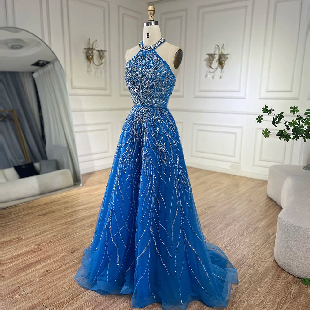 Serene Hill Elegant Blue Arabic A-line Halter Gown Luxury Dubai Evening Dress for Women Wedding Party 2025 LA72302