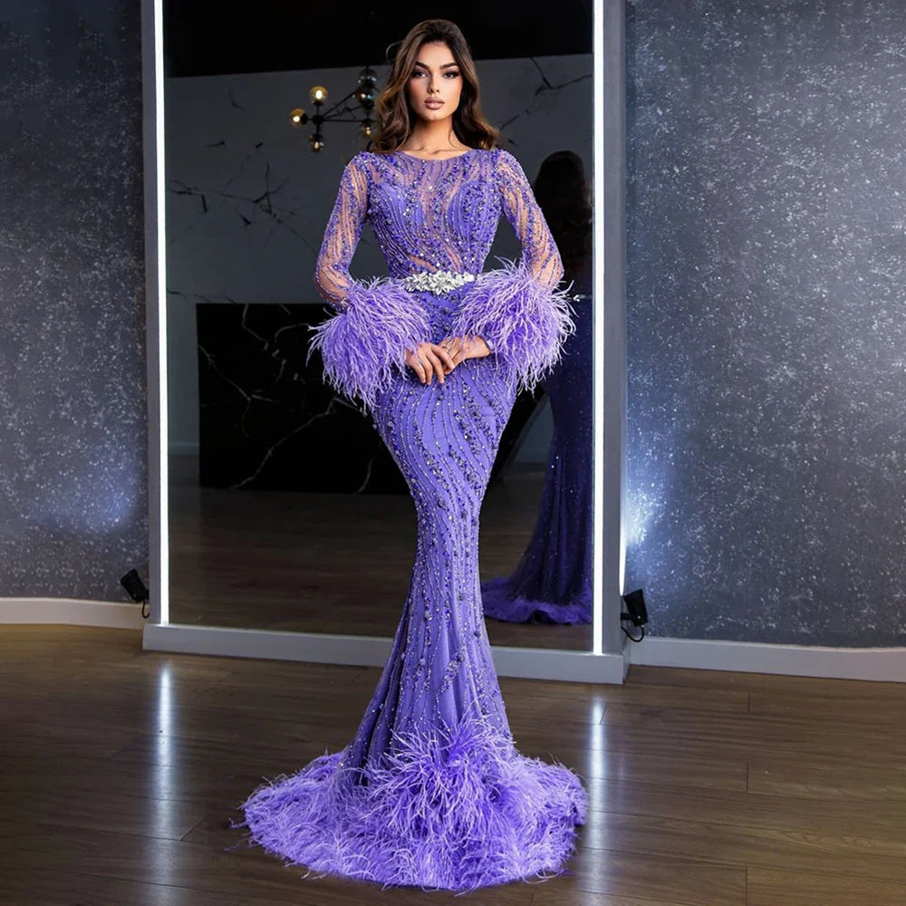 Serene Hill Elegant Mermaid Evening Dress Arabic Purple Beaded Feathers | Luxury Gown for Women's Wedding Party LA72367