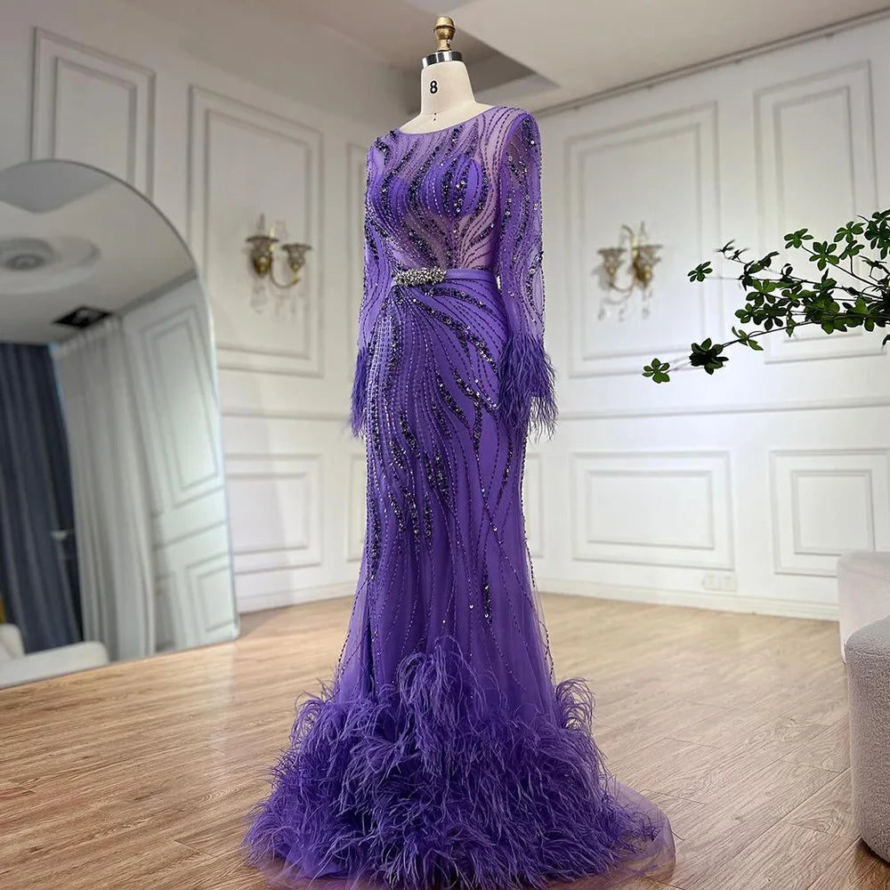 Serene Hill Elegant Mermaid Evening Dress Arabic Purple Beaded Feathers | Luxury Gown for Women's Wedding Party LA72367