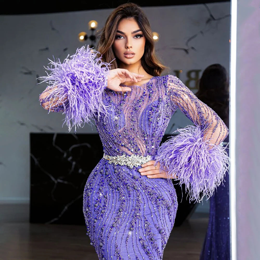 Serene Hill Elegant Mermaid Evening Dress Arabic Purple Beaded Feathers | Luxury Gown for Women's Wedding Party LA72367