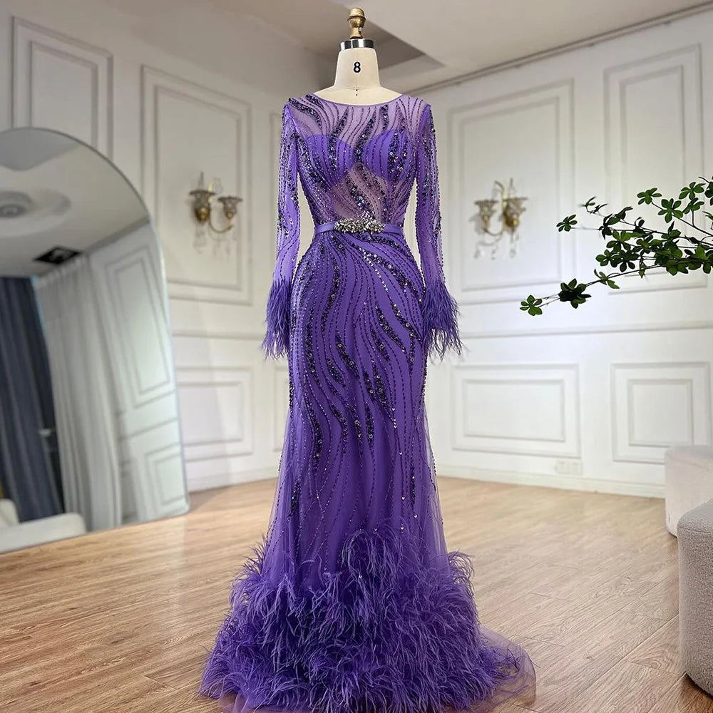 Serene Hill Elegant Mermaid Evening Dress Arabic Purple Beaded Feathers | Luxury Gown for Women's Wedding Party LA72367