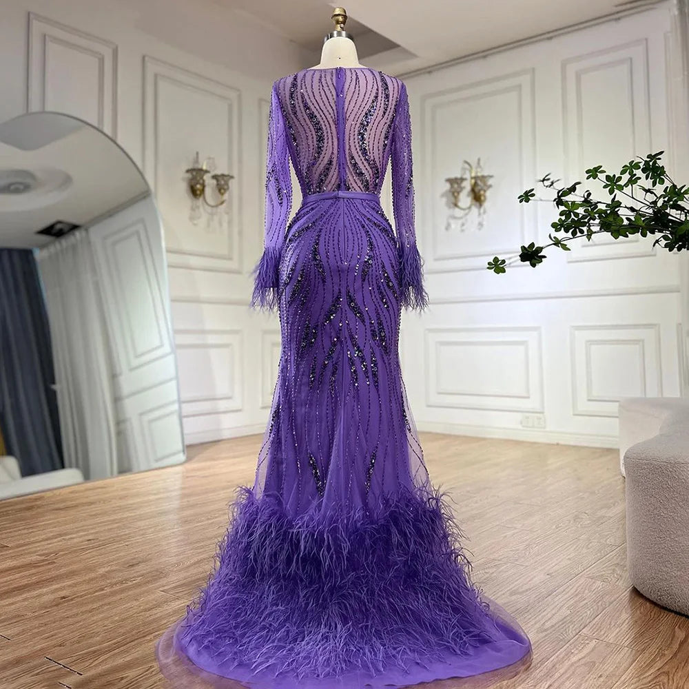 Serene Hill Elegant Mermaid Evening Dress Arabic Purple Beaded Feathers | Luxury Gown for Women's Wedding Party LA72367