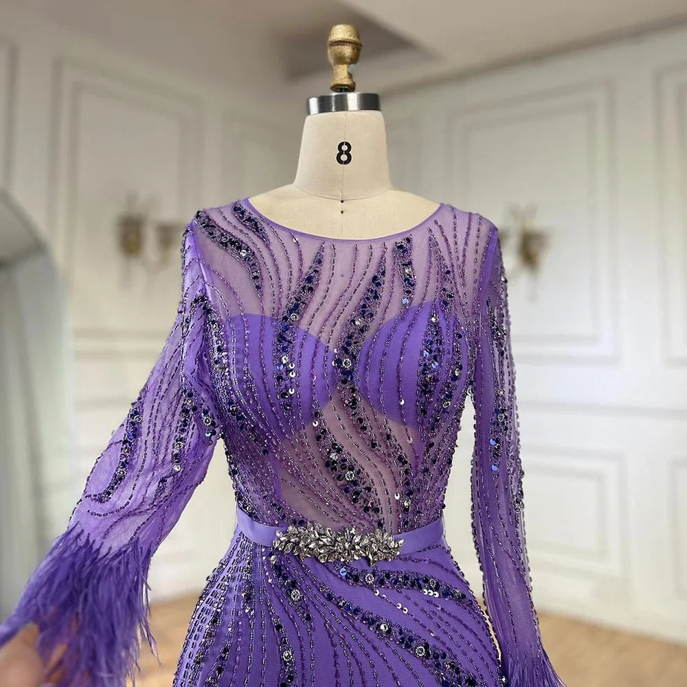 Serene Hill Elegant Mermaid Evening Dress Arabic Purple Beaded Feathers | Luxury Gown for Women's Wedding Party LA72367