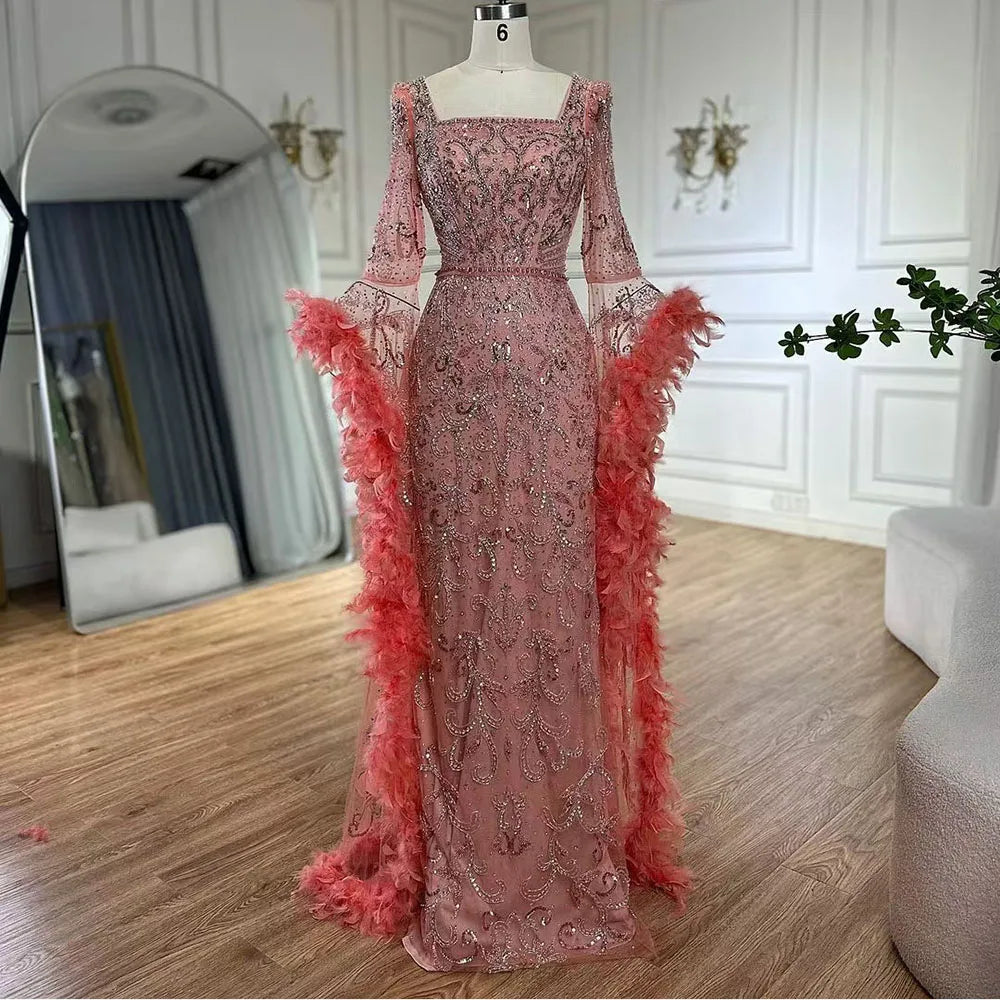 Luxuriöses Dubai-Abendkleid mit ausgestellten Ärmeln, Meerjungfrau-Stil, türkisfarbenen Perlen und Federn, für formelle Anlässe, LA72767