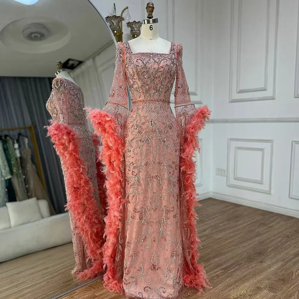 Luxuriöses Dubai-Abendkleid mit ausgestellten Ärmeln, Meerjungfrau-Stil, türkisfarbenen Perlen und Federn, für formelle Anlässe, LA72767