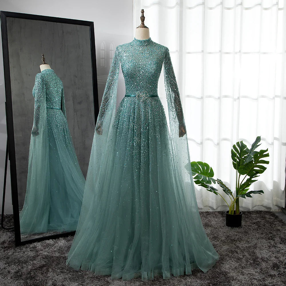 Serene Hill Gold A-Line Cape Sleeves High Neck Luxury Beaded Evening Dresses Gowns For Woman Party Plus Size LA70066B