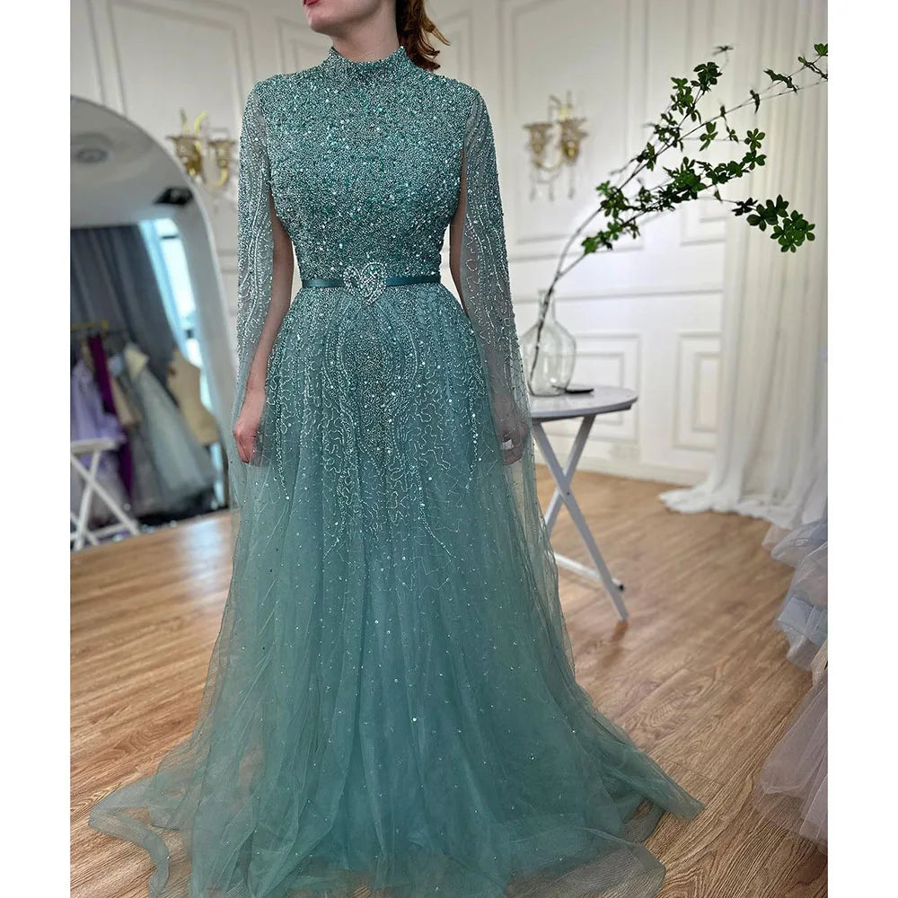 Serene Hill Gold A-Line Cape Sleeves High Neck Luxury Beaded Evening Dresses Gowns For Woman Party Plus Size LA70066B