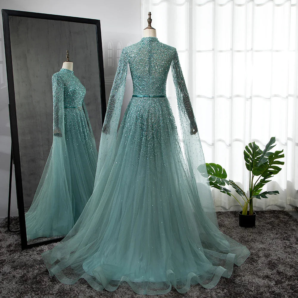 Serene Hill Gold A-Line Cape Sleeves High Neck Luxury Beaded Evening Dresses Gowns For Woman Party Plus Size LA70066B