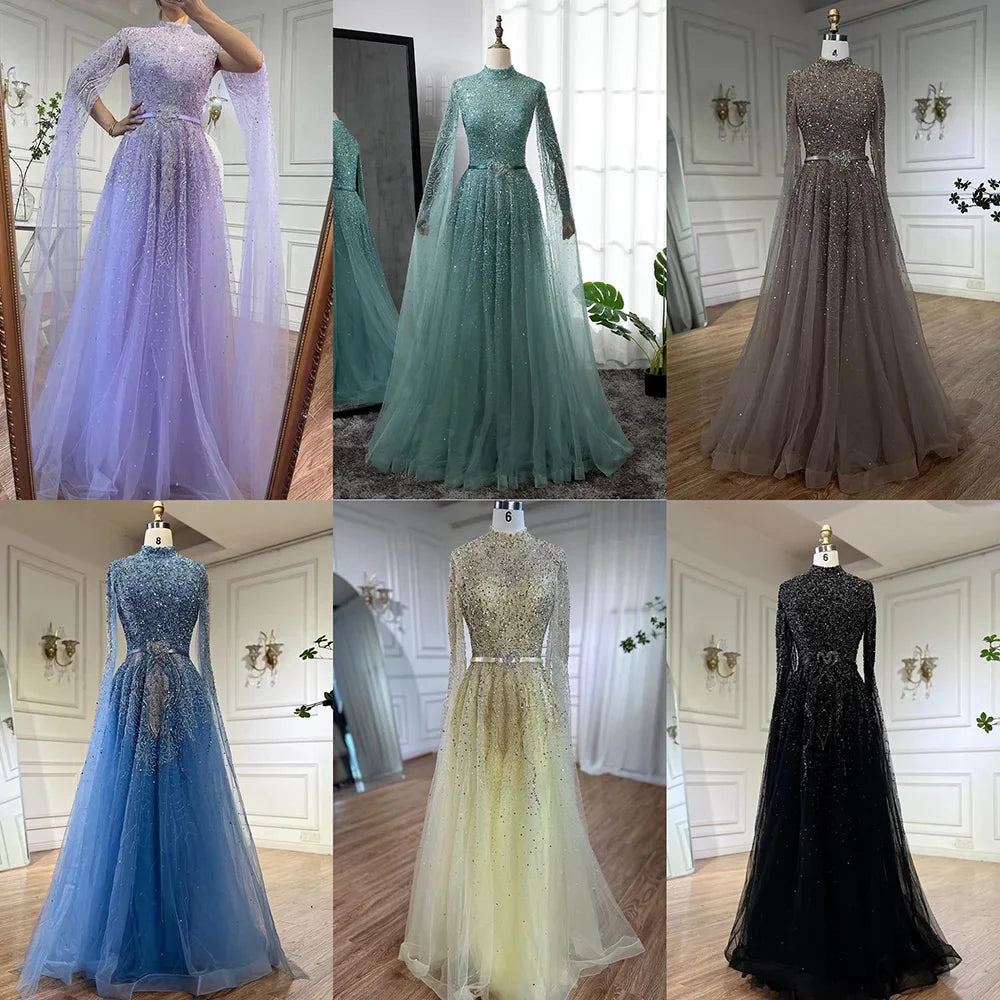 Serene Hill Gold A-Line Cape Sleeves High Neck Luxury Beaded Evening Dresses Gowns For Woman Party Plus Size LA70066B