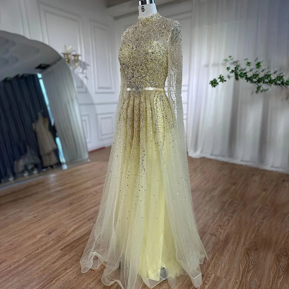 Serene Hill Gold A-Line Cape Sleeves High Neck Luxury Beaded Evening Dresses Gowns For Woman Party Plus Size LA70066B