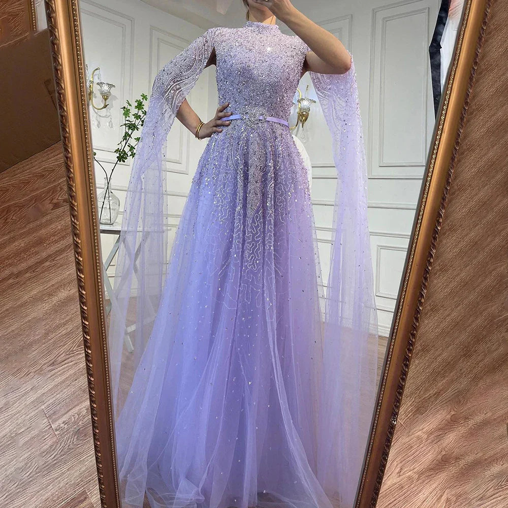 Serene Hill Gold A-Line Cape Sleeves High Neck Luxury Beaded Evening Dresses Gowns For Woman Party Plus Size LA70066B