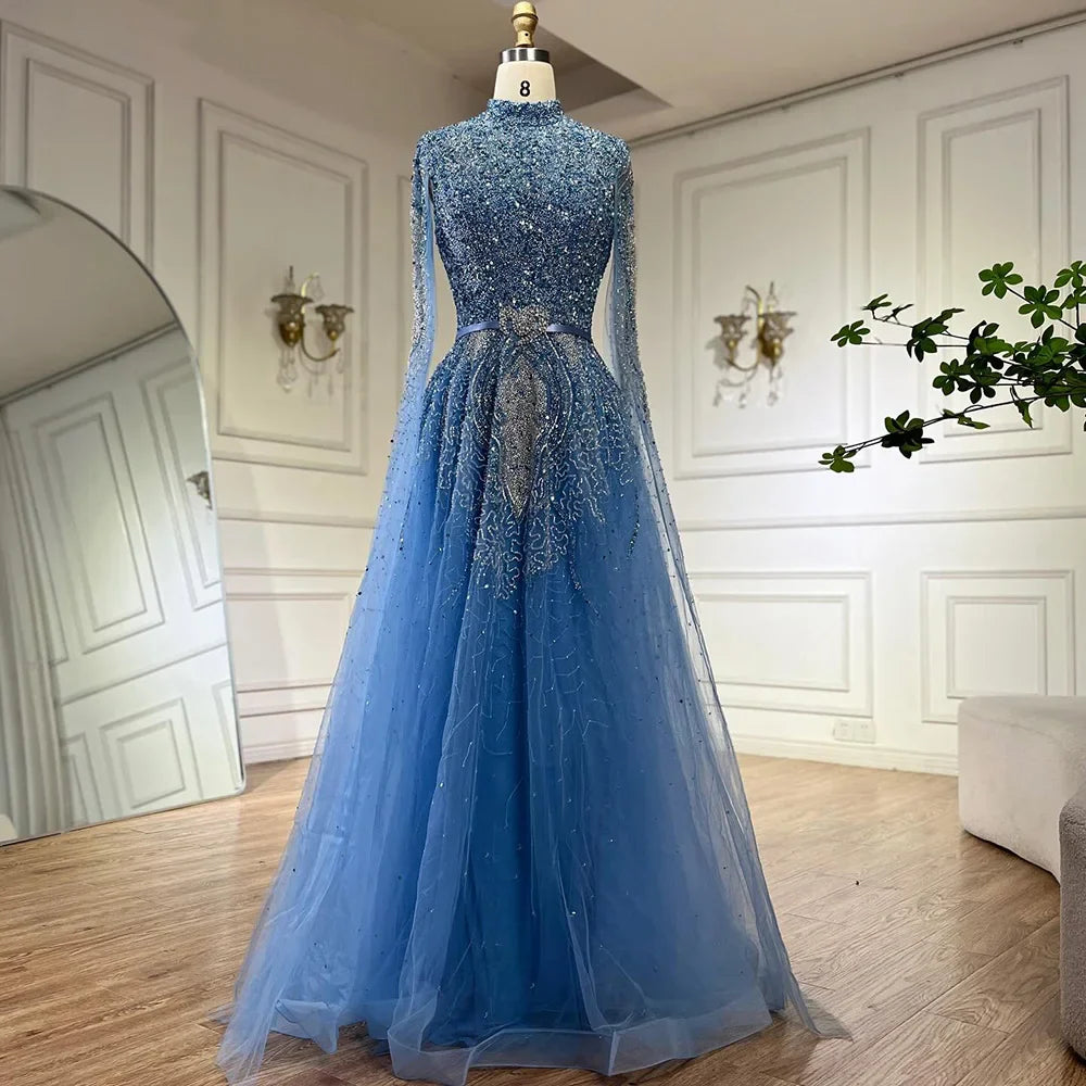 Serene Hill Gold A-Line Cape Sleeves High Neck Luxury Beaded Evening Dresses Gowns For Woman Party Plus Size LA70066B