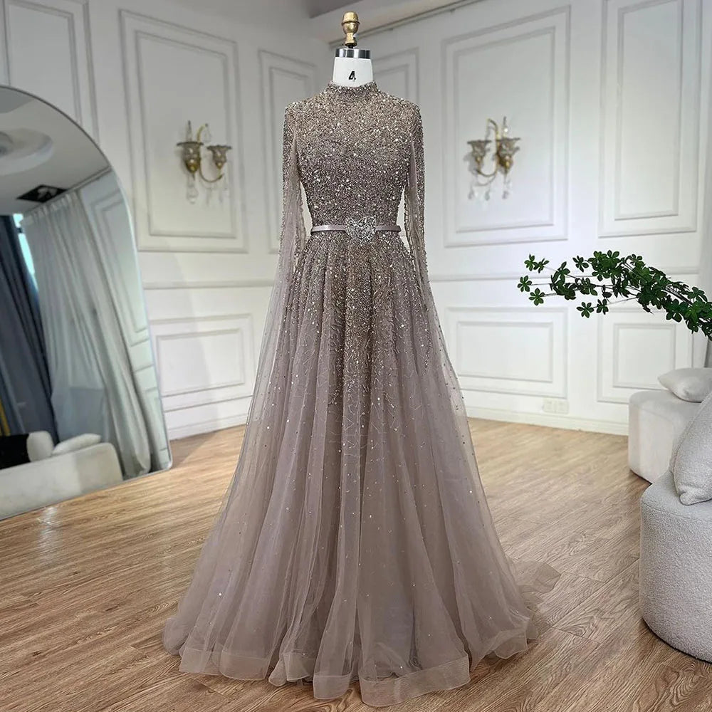 Serene Hill Gold A-Line Cape Sleeves High Neck Luxury Beaded Evening Dresses Gowns For Woman Party Plus Size LA70066B