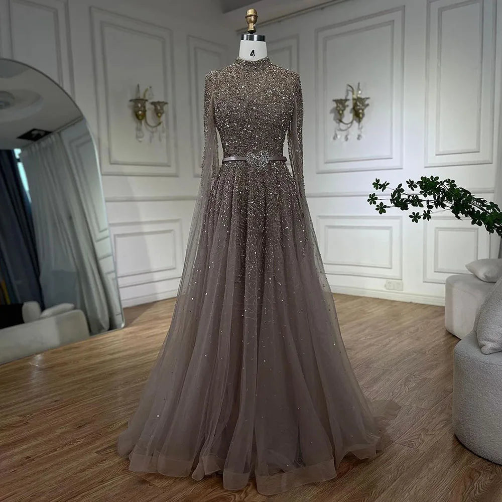 Serene Hill Gold A-Line Cape Sleeves High Neck Luxury Beaded Evening Dresses Gowns For Woman Party Plus Size LA70066B