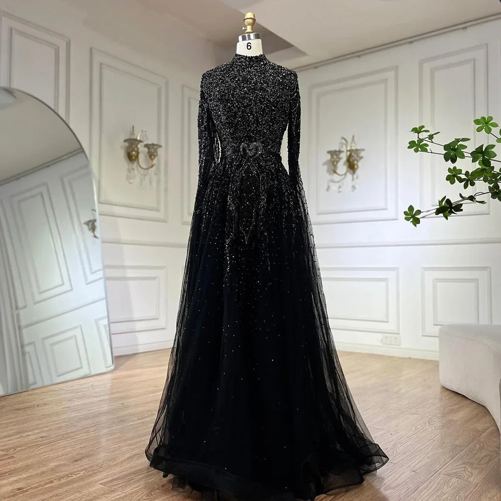 Serene Hill Gold A-Line Cape Sleeves High Neck Luxury Beaded Evening Dresses Gowns For Woman Party Plus Size LA70066B